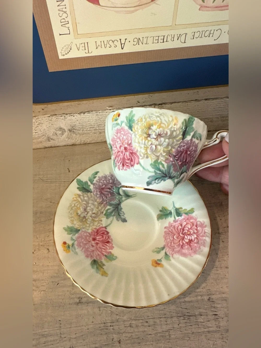 Paragon England Chrysanthemum Tea Cup Light green background gold highlights
